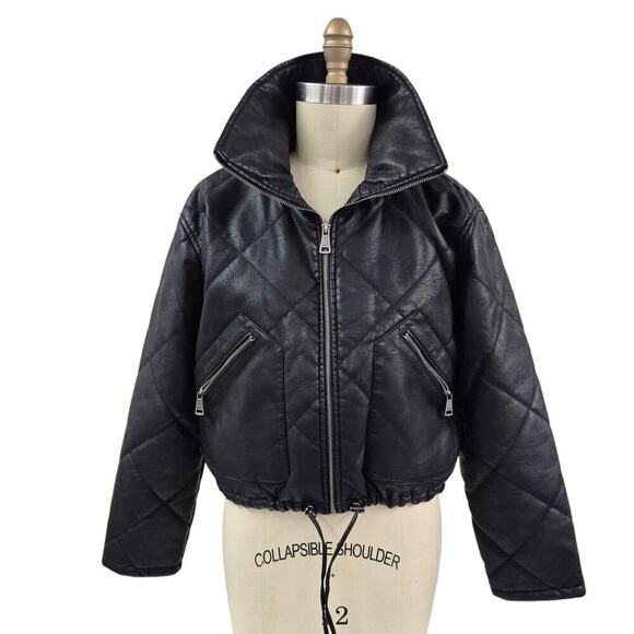 DKNY Polyurethane Black Bomber Jacket Quilted Design Satin Lined Sz S NWT $225 - Picture 1 of 5